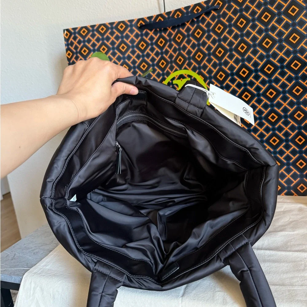 NWT Tory Burch 167626 Britten Nylon Puffy Tote Black Silver Logo Bag - Picture 7 of 12